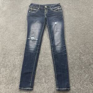 Almost Famous Womens 5 Rhinestone Flap Pocket Distressed Skinny Jeans Blue Denim